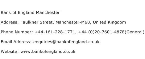 Bank of England Manchester Address Contact Number