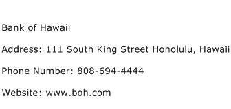 Bank of Hawaii Address Contact Number