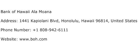Bank of Hawaii Ala Moana Address Contact Number