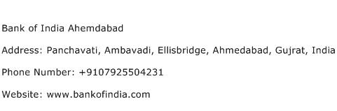 Bank of India Ahemdabad Address Contact Number