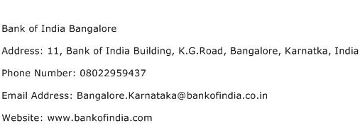 Bank of India Bangalore Address Contact Number