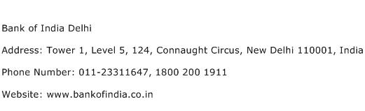 Bank of India Delhi Address Contact Number