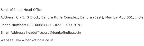 Bank of India Head Office Address Contact Number
