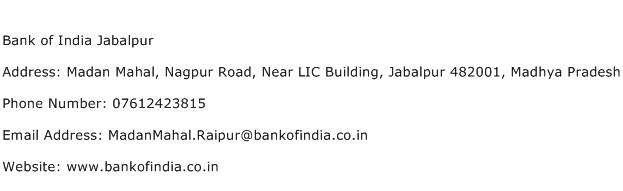 Bank of India Jabalpur Address Contact Number