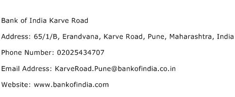 Bank of India Karve Road Address Contact Number