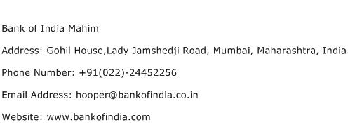 Bank of India Mahim Address Contact Number