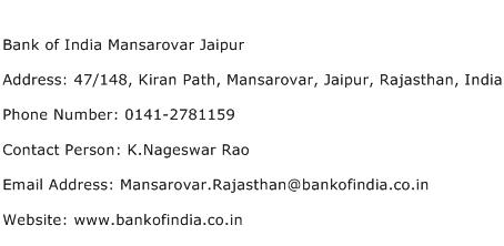 Bank of India Mansarovar Jaipur Address Contact Number