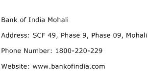 Bank of India Mohali Address Contact Number