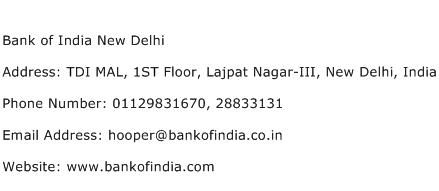 Bank of India New Delhi Address Contact Number