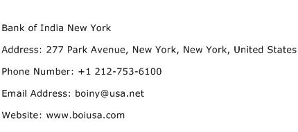 Bank of India New York Address Contact Number