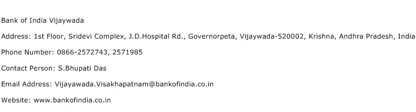 Bank of India Vijaywada Address Contact Number
