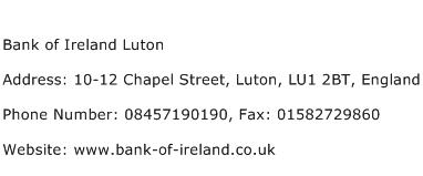 Bank of Ireland Luton Address Contact Number