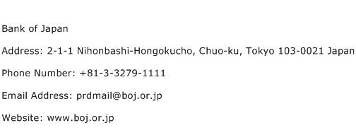 Bank of Japan Address Contact Number