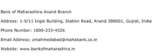 Bank of Maharashtra Anand Branch Address Contact Number