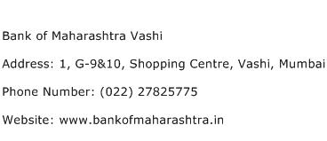 Bank of Maharashtra Vashi Address Contact Number