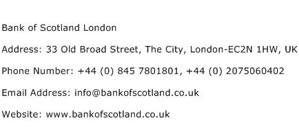 Bank of Scotland London Address Contact Number