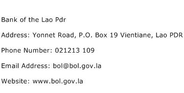 Bank of the Lao Pdr Address Contact Number