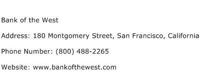 Bank of the West Address Contact Number