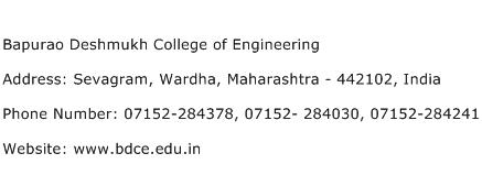 Bapurao Deshmukh College of Engineering Address Contact Number