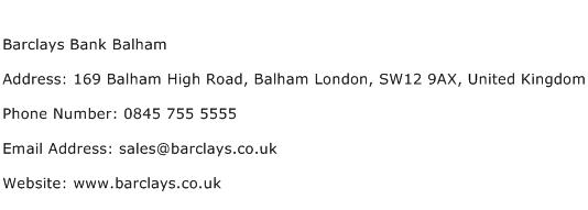 Barclays Bank Balham Address Contact Number