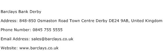 Barclays Bank Derby Address Contact Number