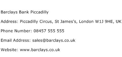 Barclays Bank Piccadilly Address Contact Number