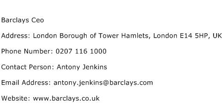 Barclays Ceo Address Contact Number