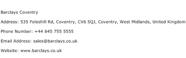 Barclays Coventry Address Contact Number
