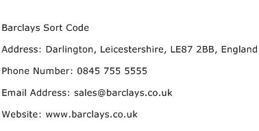 Barclays Sort Code Address Contact Number