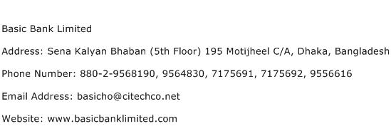 Basic Bank Limited Address Contact Number