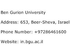 Ben Gurion University Address Contact Number
