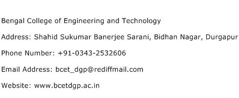 Bengal College of Engineering and Technology Address Contact Number