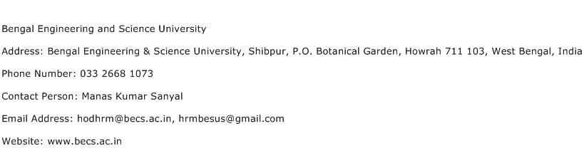 Bengal Engineering and Science University Address Contact Number