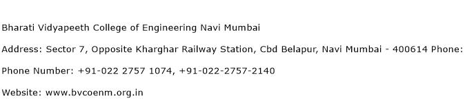 Bharati Vidyapeeth College of Engineering Navi Mumbai Address Contact Number