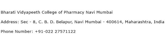 Bharati Vidyapeeth College of Pharmacy Navi Mumbai Address Contact Number