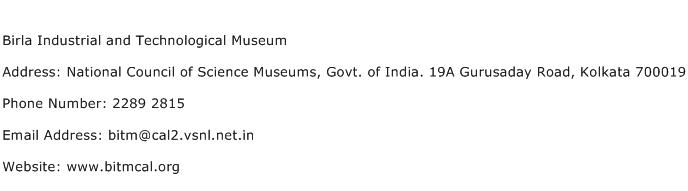 Birla Industrial and Technological Museum Address Contact Number
