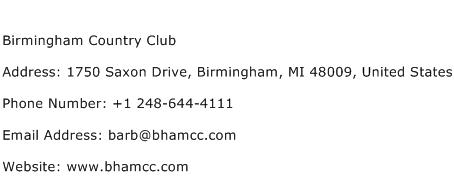 Birmingham Country Club Address Contact Number