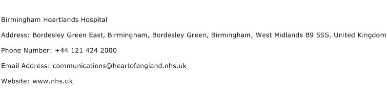 Birmingham Heartlands Hospital Address Contact Number