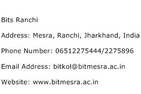 Bits Ranchi Address Contact Number