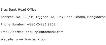 Brac Bank Head Office Address Contact Number
