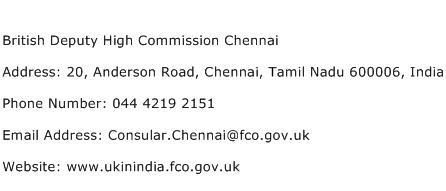 British Deputy High Commission Chennai Address Contact Number
