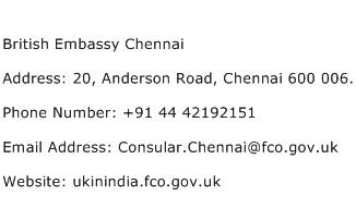 British Embassy Chennai Address Contact Number