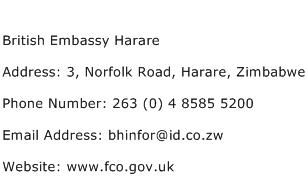British Embassy Harare Address Contact Number