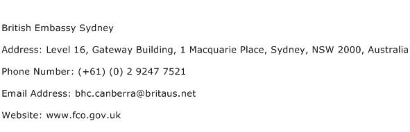 British Embassy Sydney Address Contact Number