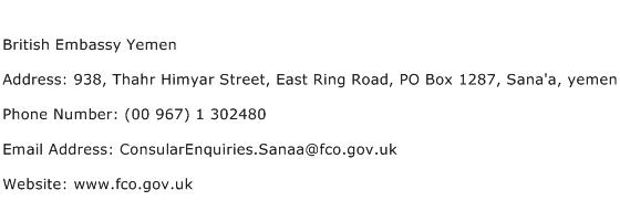 British Embassy Yemen Address Contact Number