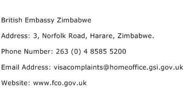 British Embassy Zimbabwe Address Contact Number