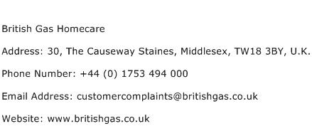 British Gas Homecare Address Contact Number