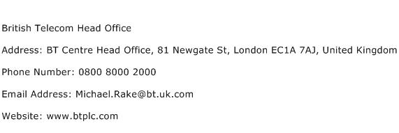 British Telecom Head Office Address Contact Number