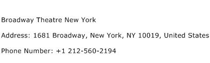 Broadway Theatre New York Address Contact Number