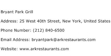 Bryant Park Grill Address Contact Number